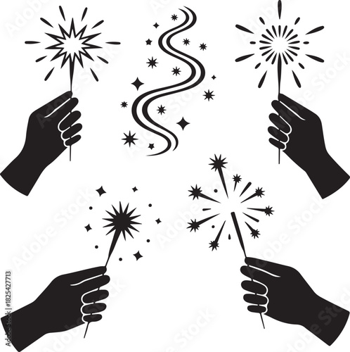 Silhouette Hands Holding Sparklers and a Stream of Stars Celebration