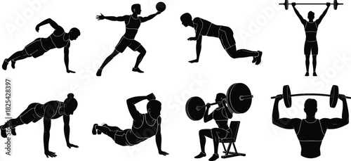 Fitness silhouette vector, workout poses, gym exercise icons, strength training illustration, bodyweight movement, barbell lifting, active lifestyle, black athlete shapes