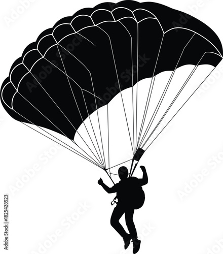 Parachuting silhouette vector, skydiver in descent, parachute canopy open, extreme sport icon, black figure, isolated on white background