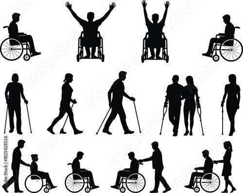 Disability and caregiver silhouette vector, wheelchair users, crutches, inclusive support, black figures, mobility aid icons, isolated on white background