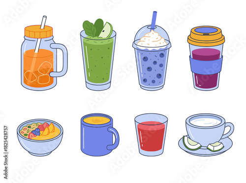 Set of various healthy drinks, refreshing smoothies, and nutritious breakfast bowls vector illustration collection for diet and wellness