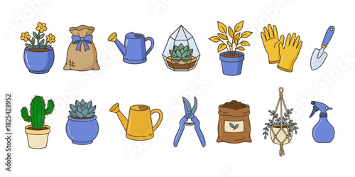 Set of essential gardening tools and supplies with various potted plants vector illustration collection, including seeds, soil, and pruners