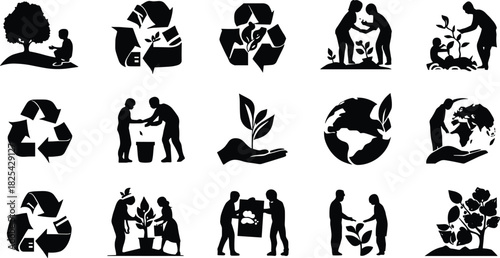 Eco-friendly icons, sustainability silhouettes, recycling and planting actions, environmental conservation vector, black illustration, nature protection, green lifestyle design