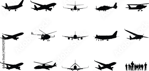 Aircraft silhouettes, airplane and helicopter icons, military and commercial aviation, black vector illustration, flying machines, people group, aviation design