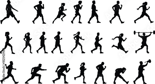 Athletic movement silhouettes, running and walking poses, fitness vector illustration, black exercise figures, warm-up and stretch actions, physical activity design