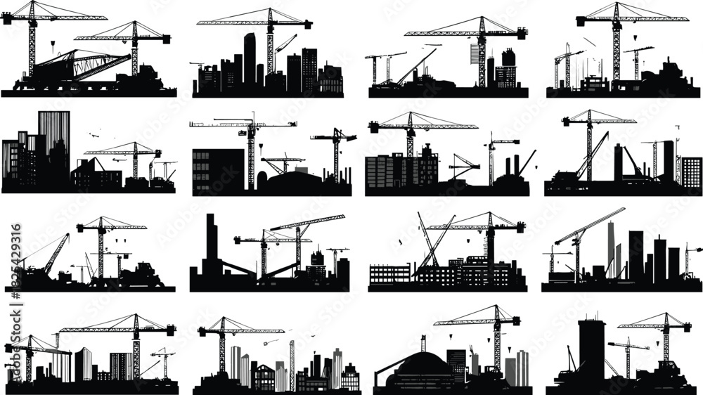 Naklejka premium Construction site silhouettes, crane and building vector, industrial development, black urban structures, construction equipment, city growth, architectural progress illustration