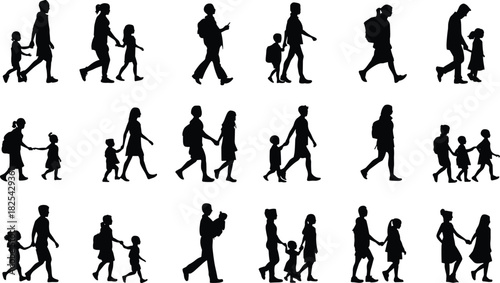 Walking people silhouettes, adults and children, family and school scene, black vector illustration, pedestrian motion, companionship, social interaction, urban lifestyle design