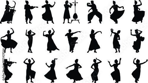 Traditional dance silhouettes, cultural performers, folk dancers in motion, black vector poses, musical instruments, expressive movement, ethnic art, rhythm illustration