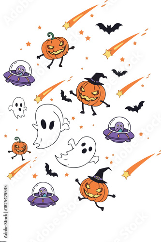 Pixel Art Halloween Pattern with Pumpkins Ghosts Bats and Aliens Falling Stars