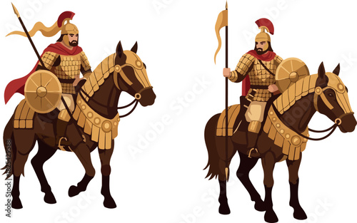 Pixel Art Horseman Warriors with Shields and Spears
