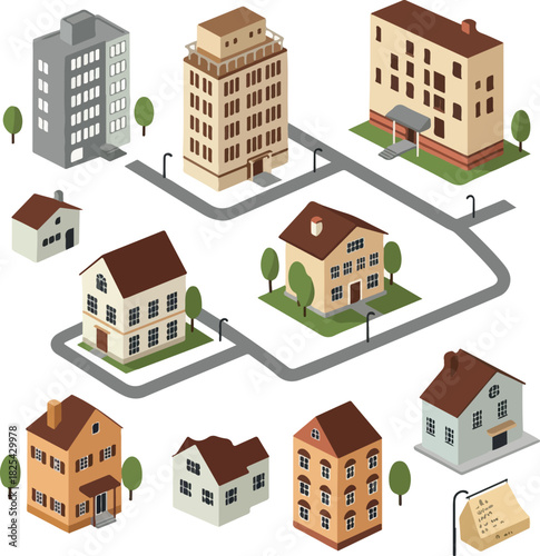 Pixel Art Isometric Buildings And Houses With Trees And Roads Vector