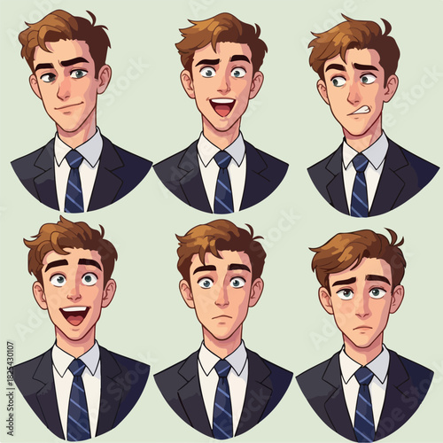 Pixel Art Man Character Set Various Emotions Business Suit Tie Light Brown Hair