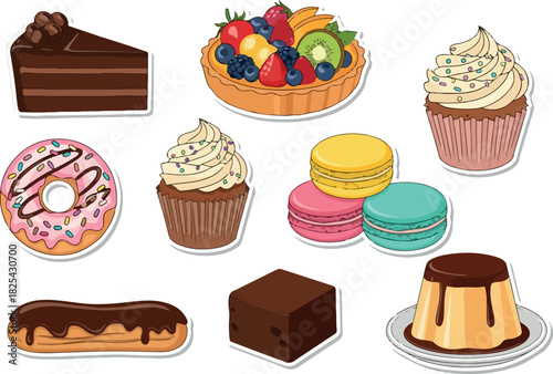 Delicious Dessert Variety Illustration with Cakes, Cupcakes, and More