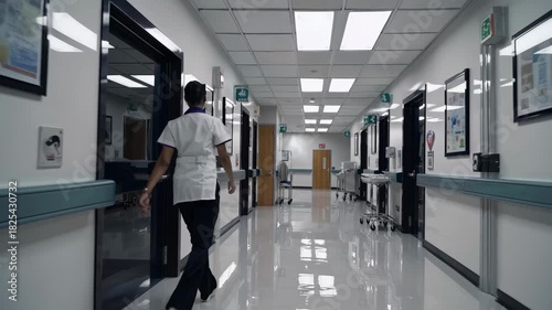Wide-angle shot of a hospital corridor with bright lighting and glossy floors, creating a clinical and sterile atmosphere, suitable for a video setting.