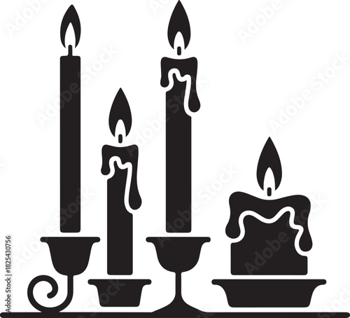 Vector illustration of lit candles in elegant candelabras in black