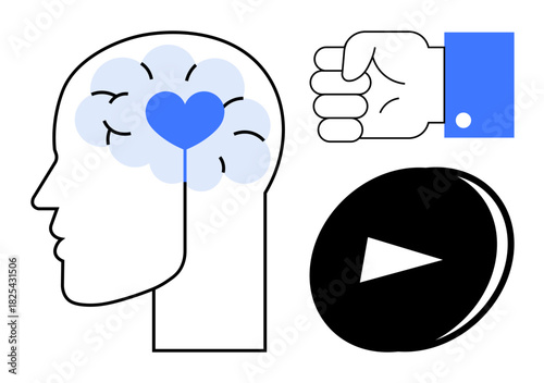 Head with heart-brain connection, fist signaling determination, and play button for motivation, creativity, action, innovation, teamwork, self-growth positivity. Ideal for progress-focused concepts