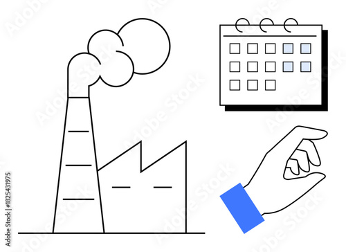 Factory producing smoke, calendar with marked days, hand pointing. Ideal for environment, industry, scheduling, planning, deadlines sustainability emission control. Simple flat metaphor