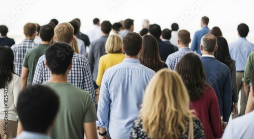 A diverse group of people walking in a line, with a blurred background.