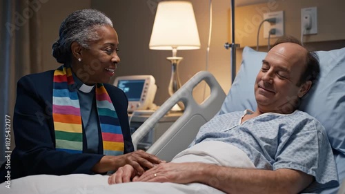 A clergy member comforts a patient in a hospital room at night