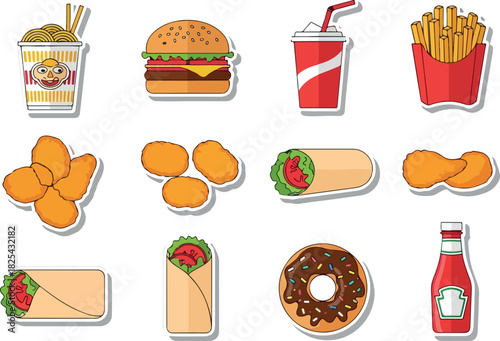 Cartoon Fast Food Stickers Burger, Fries, and More