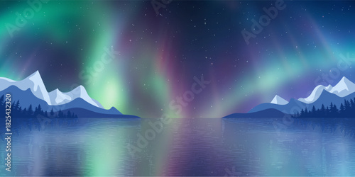 Aurora borealis reflected in water, winter holiday illustration, northern nature