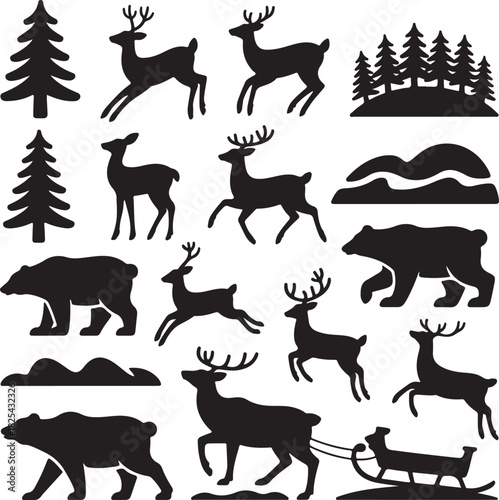 Winter forest silhouette with deer bears and christmas trees vector illustration