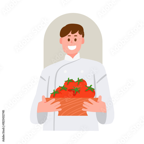 Vector illustration of a chef holding a tomato