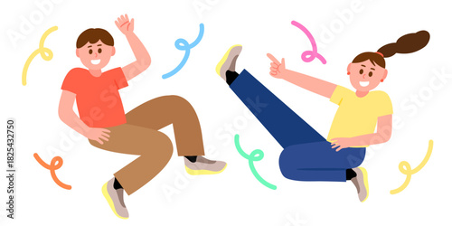 Happy jumping girl boy vector illustration