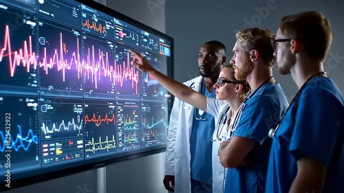 Medical professionals analyzing data on a large screen in a modern healthcare setting