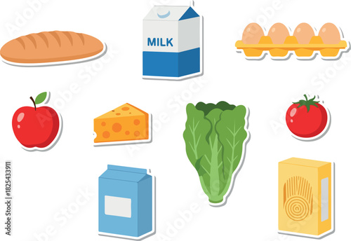 Assorted Groceries Bread, Milk, Eggs, and Fresh Produce Sticker Set