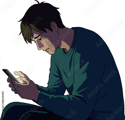 Pixel Art Sad Man Crying Looking At Glowing Phone Screen Dark Teal Sweater