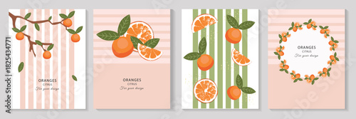 Vector set of 4 vertical banners with oranges and tangerines. Citrus on a branch, slices, wreath, striped backgrounds. Design for postcards, posters, packaging, and menus. Space for text.
