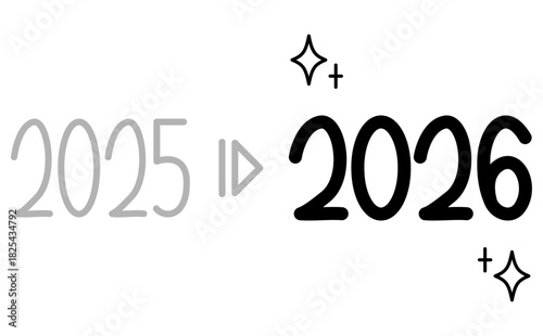 2025から2026年へ変更の矢印の手書き年号の黒数字デザイン