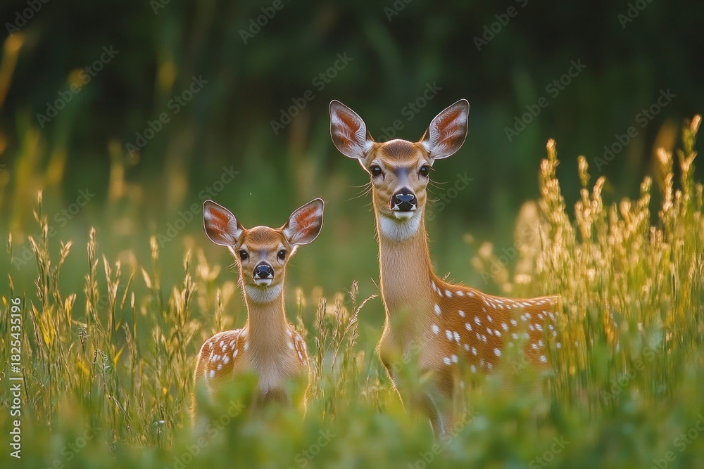 Fototapeta premium Two young spotted deer standing alert in tall grass with a blurred green nature background suggesting calm and curiosity