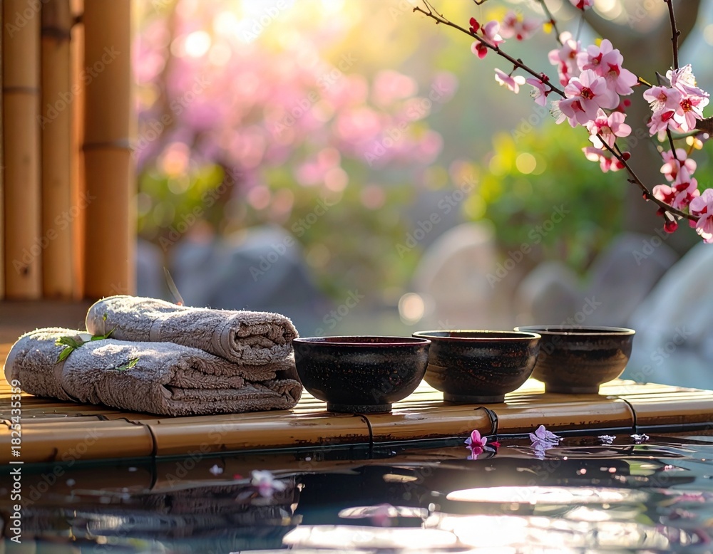Fototapeta premium A private bamboo-enclosed outdoor onsen, ceramic bowls of herbal tea and towels folded on a bench, reflection of plum blossoms in the water