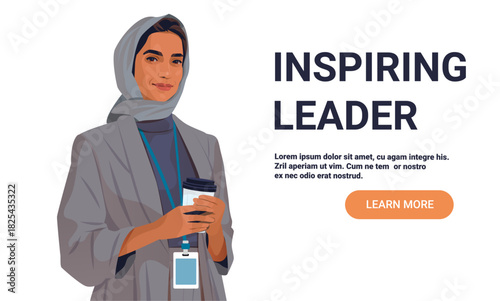 Inspiring leader confident businesswoman hijab holding coffee badge modern professional attire white background website banner