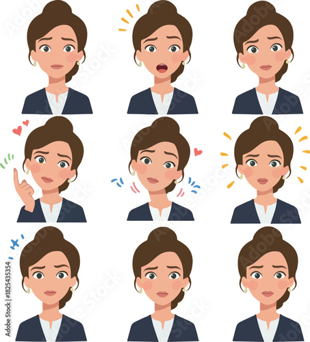 Pixel Art Woman Expressing Various Emotions in Business Attire