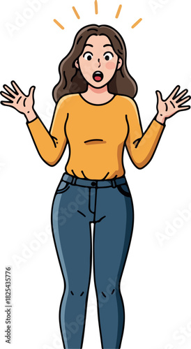 Pixel Art Woman Surprised Orange Shirt Blue Jeans White Background