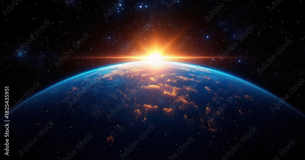 Obraz premium Bright sunrise over planet Earth seen from space with glowing clouds and sparkling stars in the dark universe