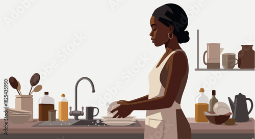 Pixel Art Woman Washing Dishes in Kitchen