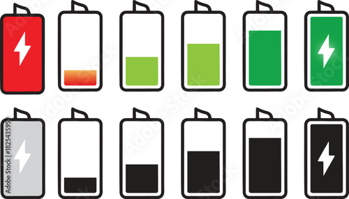 Colorful Battery Icons Set: Outline Vector Charge Level Indicators & Power Status Pictograms for UI/UX Design