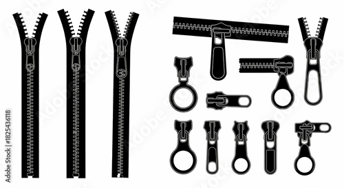 Collection of various zipper designs and zipper pullers, isolated on white background