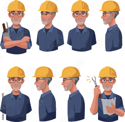 Pixel Art Worker Multiple Views Yellow Hard Hat Blue Shirt Holding Tools