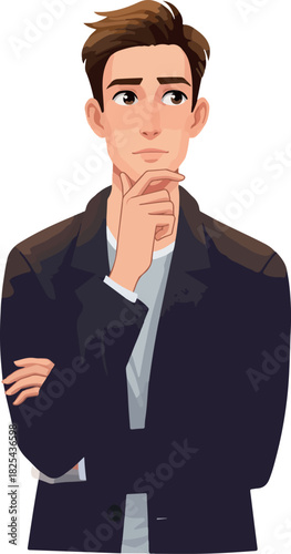 Pixel Art Young Man Thinking Pose Casual Outfit Dark Jacket Gray Shirt White Background