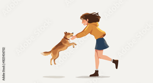 Pixel Art Young Woman Playing Fetch With Dog Outdoors Warm Lighting