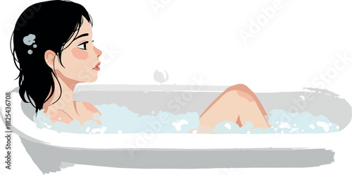 Pixel Art Young Woman Relaxing in Bathtub with Bubbles