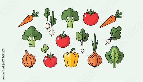 An assortment of colorful, cartoon-style vegetables including carrots, broccoli, tomatoes, onions, spinach, and a yellow bell pepper, arranged on a light green background.