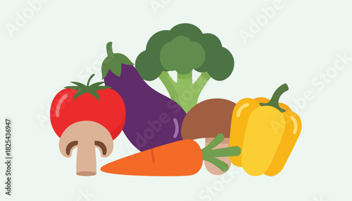 A colorful arrangement of fresh vegetables including tomato, eggplant, broccoli, mushroom, bell pepper, and carrot on a light background.