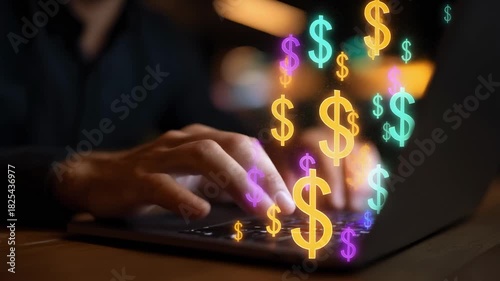 Creative digital concept of money generation through online work with glowing dollar signs
