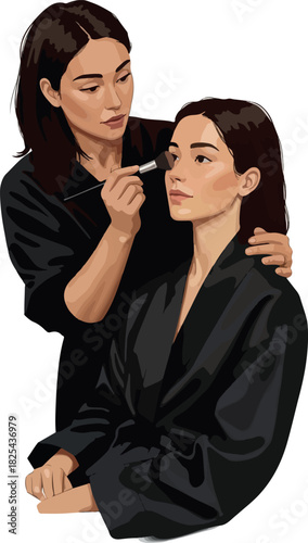 Professional Makeup Artist Applying Foundation on Woman Face White Background Minimal Illustration